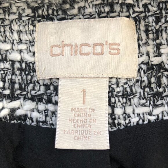 Chicos Ruffle Tweed BoxyJacket Blazer Gray Bell Sleeve Fringe Officecore - Picture 2 of 9